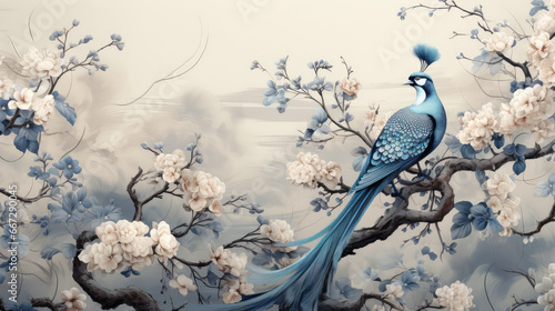 Niebieski ptak paw siedzący na gałęzi z niebieskimi kwiatami. 