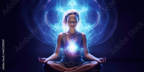 Meditating Woman Surrounded by Magic Lights Abstract Positive Energy. Copy Space Background Banner
