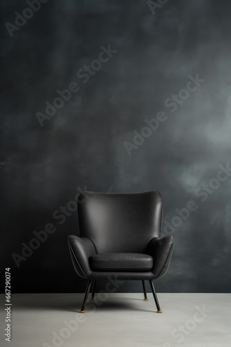 AI generation. Black leather chair against a black wall.