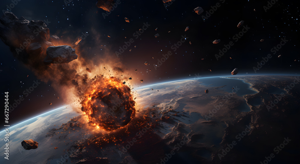 asteroid hitting planet earth with big explosion and fire
