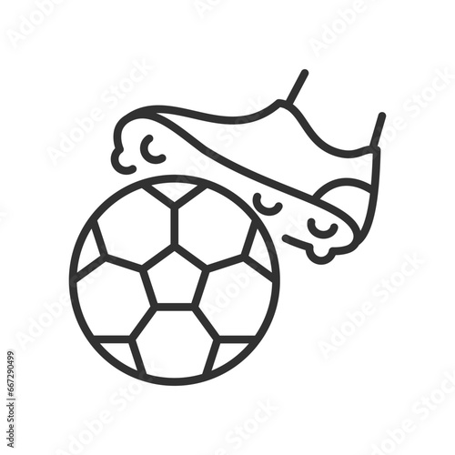 Cleats and a soccer ball, linear icon. Line with editable stroke