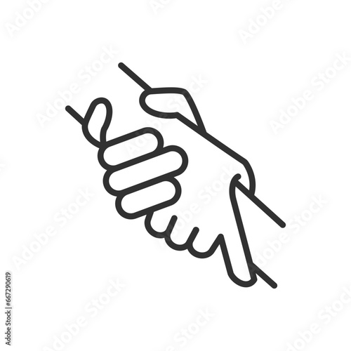 Helping the other person, linear icon, hand holding the other hand. Line with editable stroke
