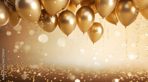 Gold Balloons in front of a Bokeh Background. Festive Template for Holidays and Celebrations