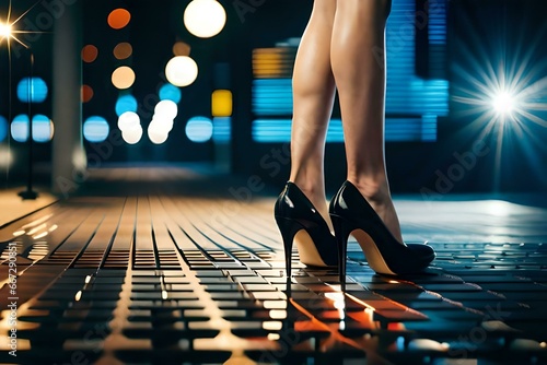 Female legs with black high heels in an urban environment photo