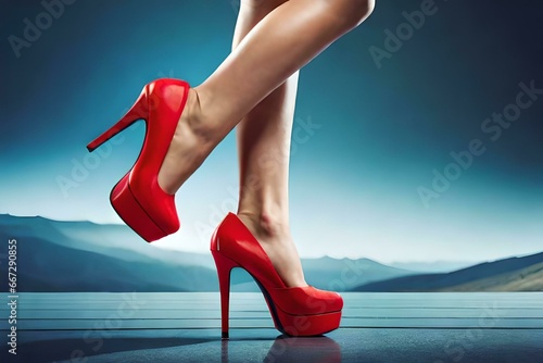 Female legs with red high heels in an urban environment photo