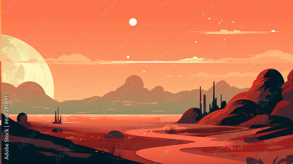 Sunset in the desert with mountains and trees. Vector illustration.