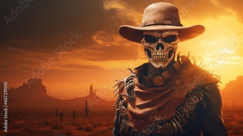Skeleton cowboy with hat and desert background, copy space, 16:9