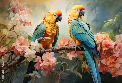 Fototapeta samoprzylepna Dwie żółto niebieskie papugi siedzące na gałęzi 