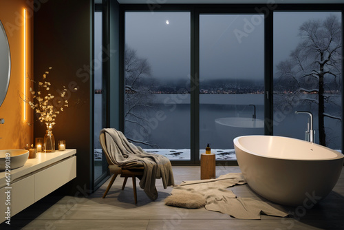 Minimalist bathroom interior with a large window. Winter lake view. Candles. © Роман Сіренко