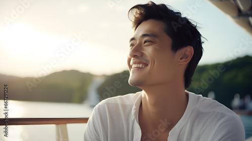 happy asian man smiling and having fun on vacation by the sea in Italy