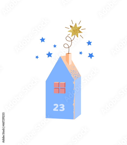 Minimalist wooden blue house with window, Star of Bethlehem on wire protruding from roof chimney, and number 23 on facade. Vector stylish illustration of packaging for Christmas gift calendar.