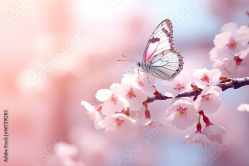 Pink cherry blossom on a branch with beautiful butterfly and soft pastel pink and blue colors in background. 