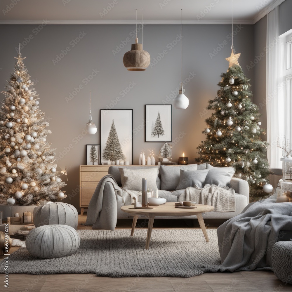 A cozy, luxurious, and modern living room interior with gift boxes under a decorated Christmas tree A cozy, luxurious, and modern living room interior with gift boxes under a decorated Christmas tree