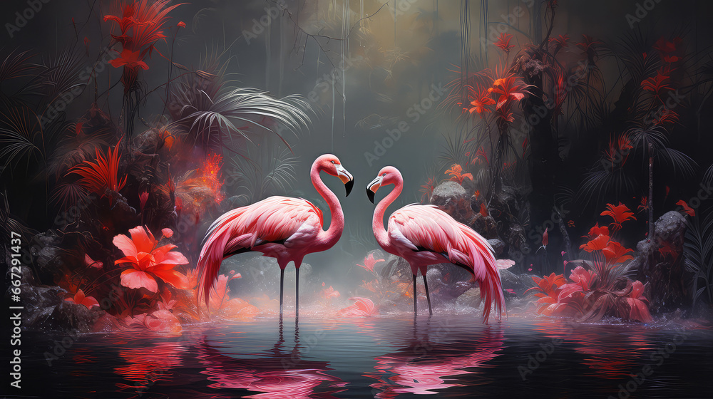Zakochane różowe flamingi w egzotycznym lesie. Sztuka cyfrowa w stylu wodnych farb akwarelowych.  - obrazy, fototapety, plakaty 