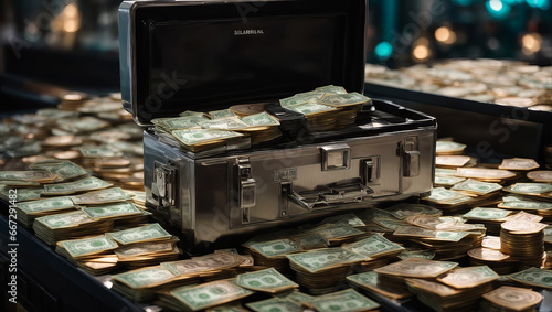A full suitcase filled with dollar bills in a vault photo