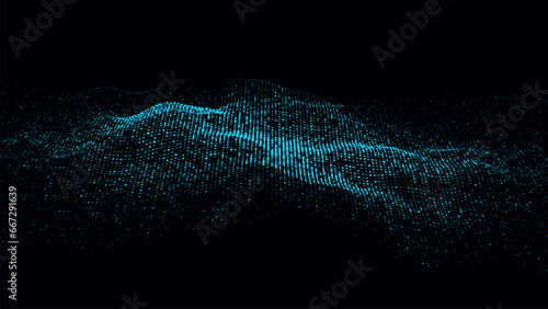 Digital halftone wave on the dark background. Abstract modern blue structure, network connection. Big data visualization. Vector illustrations.