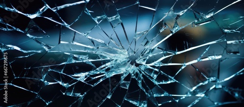 A damaged car windshield with shattered glass in close up