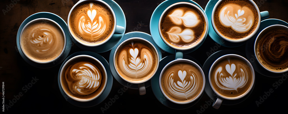 top view close up of assorted variety beautiful latte art designs on coffee cappuccino cups top view close up of assorted variety beautiful latte art designs on coffee cappuccino cups