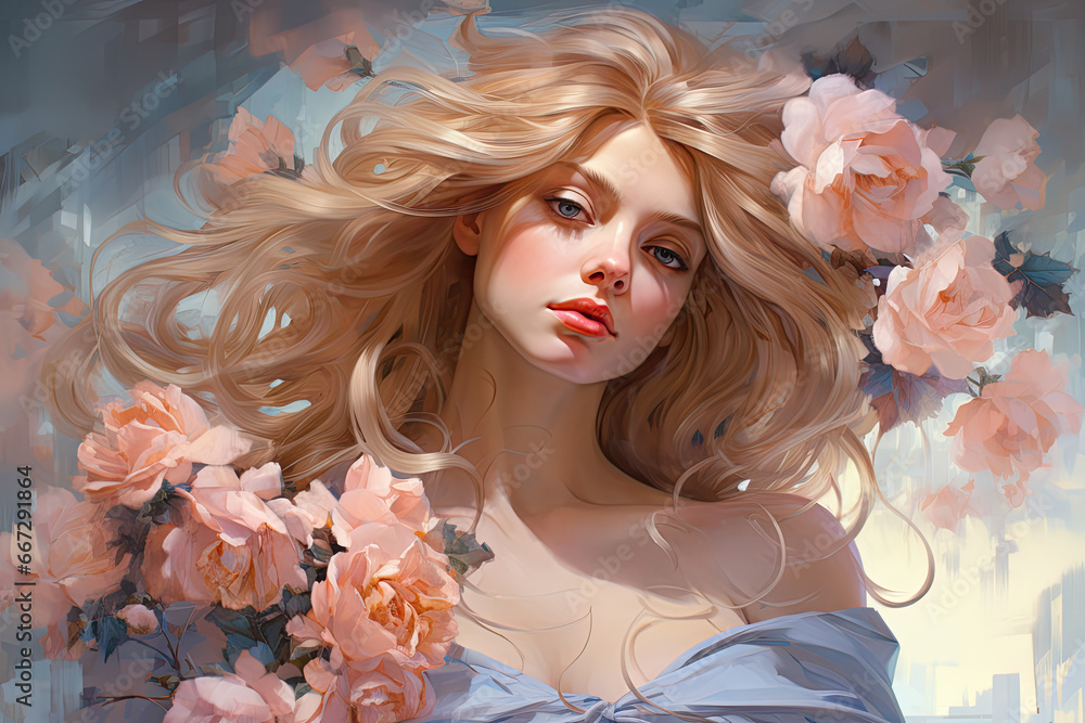 Piękna kobieta z różowymi kwiatami we włosach.  - obrazy, fototapety, plakaty 