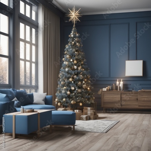 A cozy, luxurious, and modern living room interior with gift boxes under a decorated Christmas tree