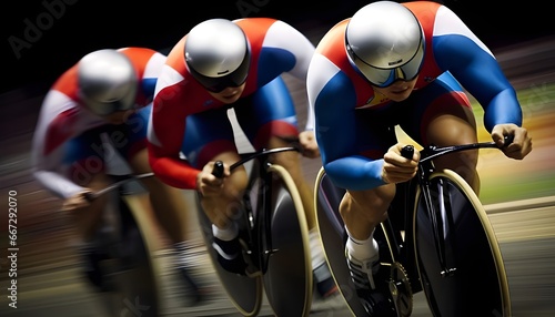 Three olympic cyclists racing full throttle for gold photo