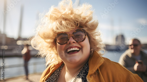 happy plus size woman with sunglasses smiling and having fun on vacation by the sea in Italy