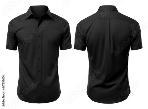 set of black short sleeve shirt designs with front and back views, isolated on transparent background, generative ai