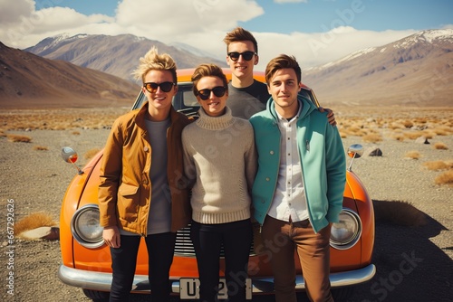 Group of friends on a road ...