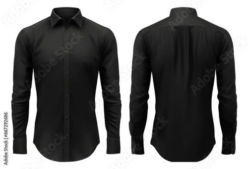 set of black long sleeve shirt designs with front and back views, isolated on transparent background, generative ai