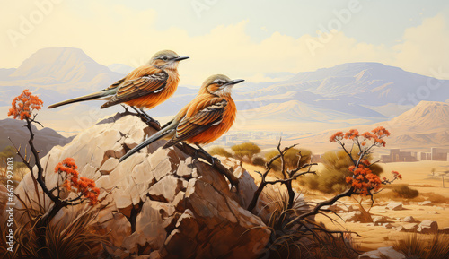 Swa pustynne ptaki siedzące na gałęzi z pustynią i kwiatami w tle.  photo