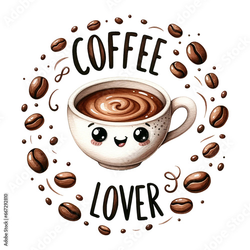 An adorable smiling coffee cup surrounded by coffee beans  with the phrase Coffee lover inscribed around it