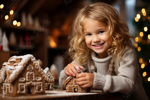 Little girl looking at a gingerbread house. Glazed traditional gingerbread house on dinner table with Christmas decorations and candles. Living room with lights and Christmas tree.