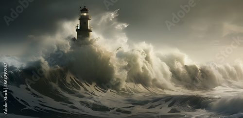 lighthouse getting hit my strong waves in the ocean