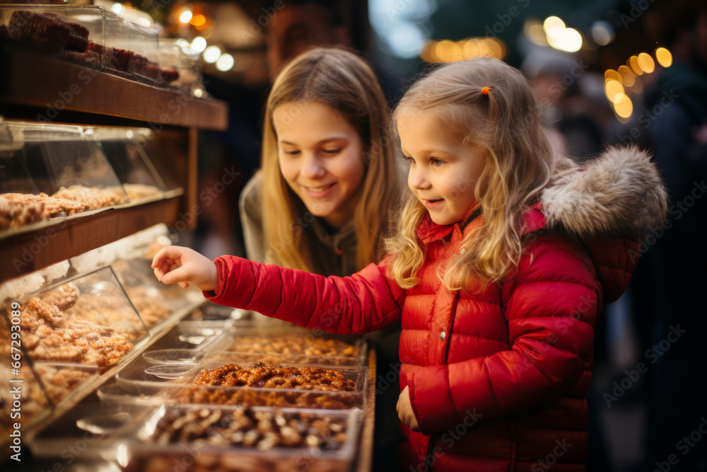 Cute children looking at sweets sold at Christmas market. Decorated and illuminated Christmas fair in European town. Snowy winter day.