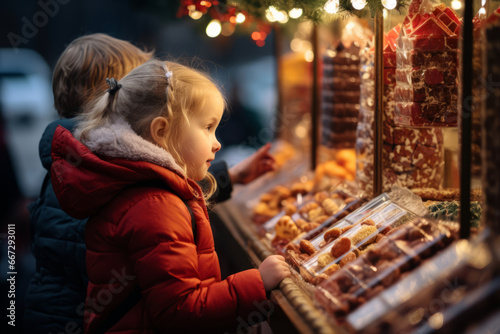 Cute children looking at sweets sold at Christmas market. Decorated and illuminated Christmas fair in European town. Snowy winter day.