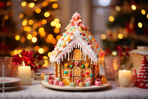 Little gingerbread house with glaze standing on dinner table with Christmas decorations and candles. Living room with lights and Christmas tree.