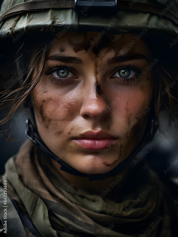 close-up of a female military army soldier with muddy face and intense gaze close-up of a female military army soldier with muddy face and intense gaze