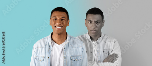 Foto Smiling, angry, sad millennial african american guy suffer from depression, stre