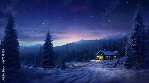 Small village with house in the woods. Cozy Christmas atmosphere. Holiday decoration. New Year's design. Dark background  © Creative Photo Focus