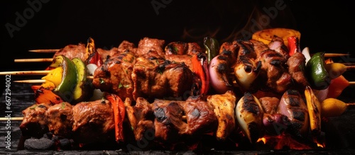 Assorted meats grilled on skewers over charcoal and fire a traditional street food photo