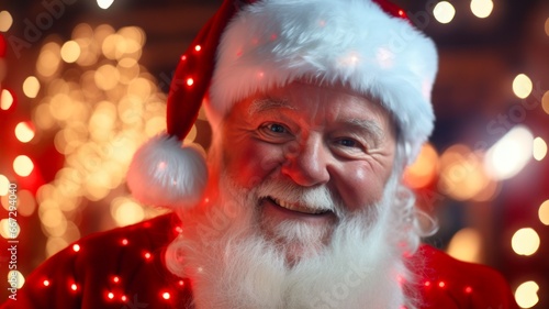 Smiling Santa Claus with Sparkling Christmas Lights in the Background and a Bushy Beard and Hat on His Old Face Celebrating the Holidays with His Bright and Joyful Eyes