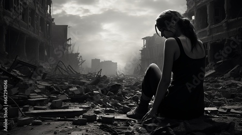 destroyed street a woman crying with her knees
