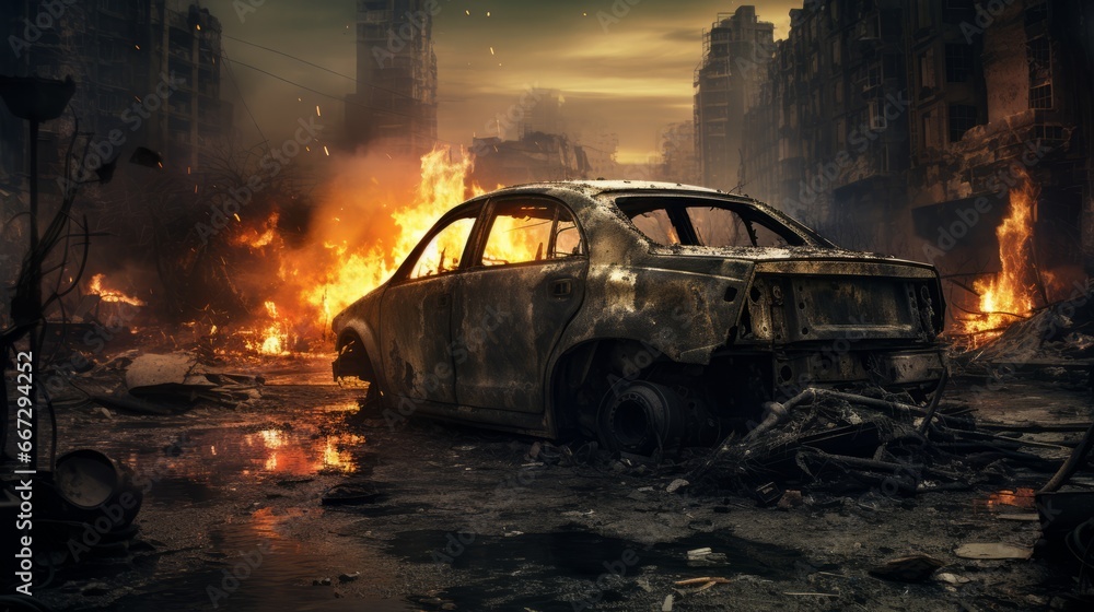 Obraz premium burnt car in a destroyed city after the bombing