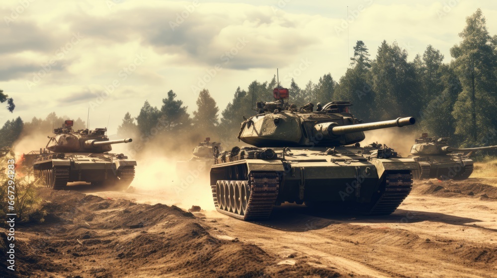 Fototapeta premium multiple tanks on the ground during war