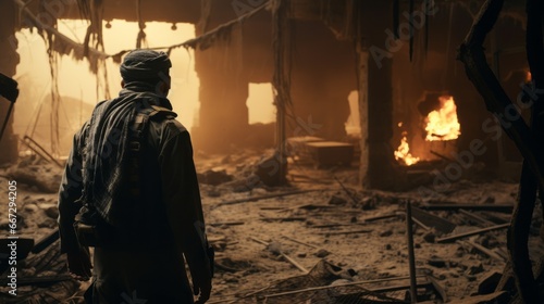 Arab military man walks through a destroyed house