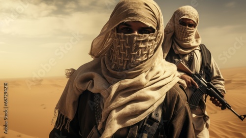 Arab terrorists in the desert in poor equipment photo