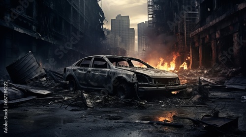 burnt car in a destroyed city after the bombing