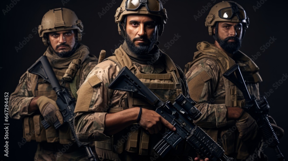 Three man in tactical equipment arabian features Three man in tactical equipment arabian features