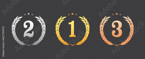 Gold, Silver, Bronze medals Vector. Badge set with First, Second, Third placement Achievement. Round Label With Wreath. Winner Prize. Competition Trophy