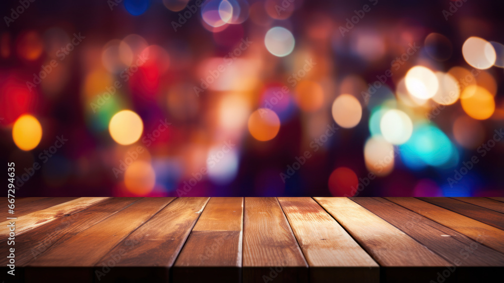 Wooden Surface with Colorful Bokeh Lights Wooden Surface with Colorful Bokeh Lights